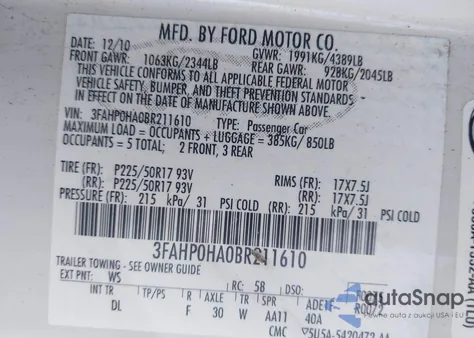 2011 Ford Fusion Se from USA, damaged, VIN 3FAHP0HA0BR211610